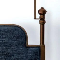 Kenton Upholstered Four Poster Bed -The Bed Rooms Shop Kenton 1275 queen CBCFS OldCopper finish ArcherNavy fabric closeup2 C